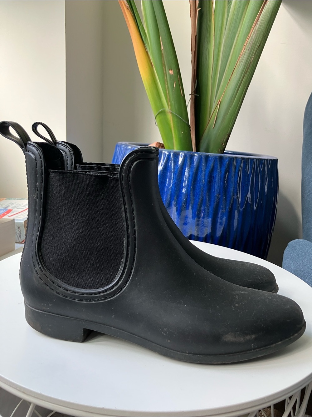 •Classic• Short Black Rubber Chelsea Boots Rainboots